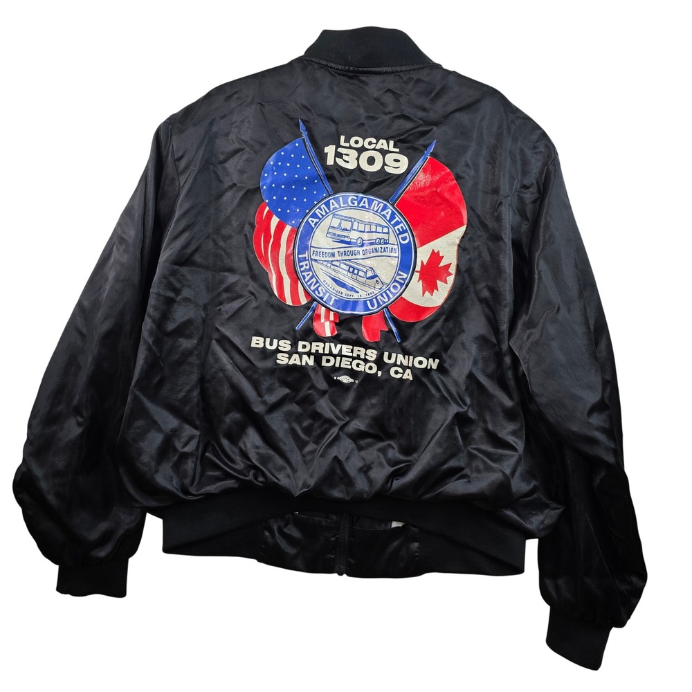 Vintage 80s San Diego Nylon Satin‎ Bomber Jacket Bus Transit Union Mens Black 2X